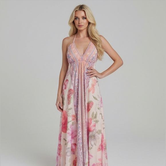 By Design Dresses & Skirts - Boho Pink Floral Halter V- Neck Maxi Dress Low Back
